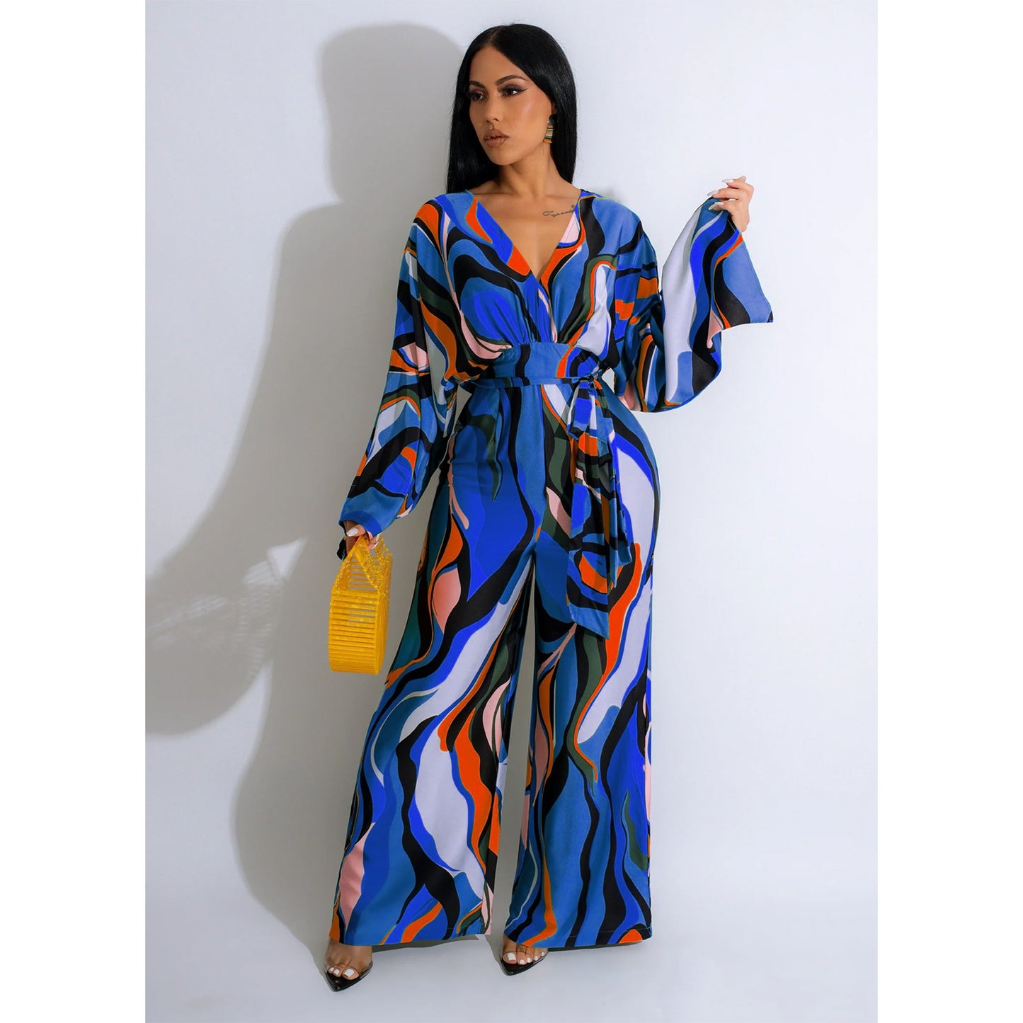 LADIES PRINTED LONG SLEEVE JUMPSUIT BLUE / GREEN (SIZE S - 2XL)