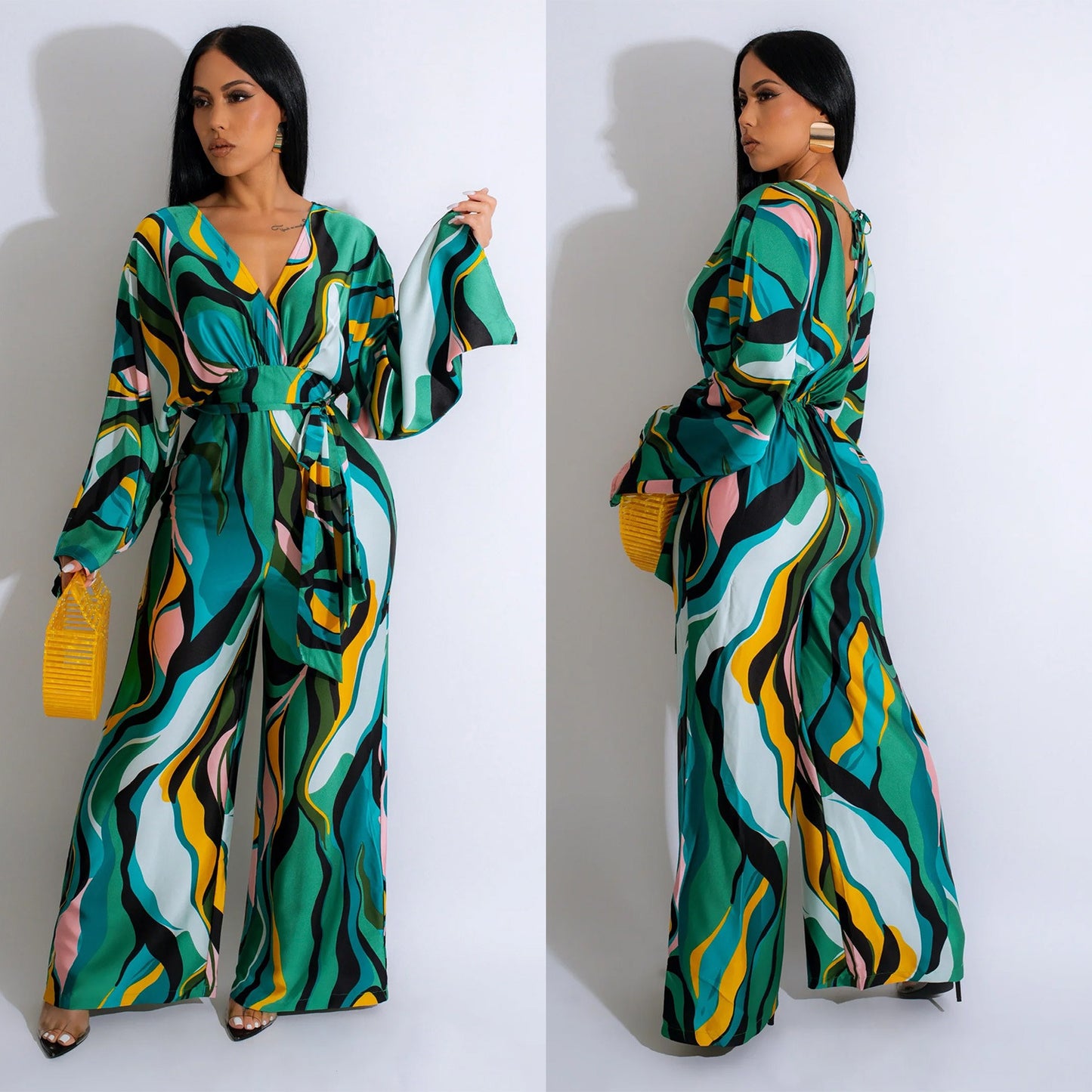 LADIES PRINTED LONG SLEEVE JUMPSUIT BLUE / GREEN (SIZE S - 2XL)