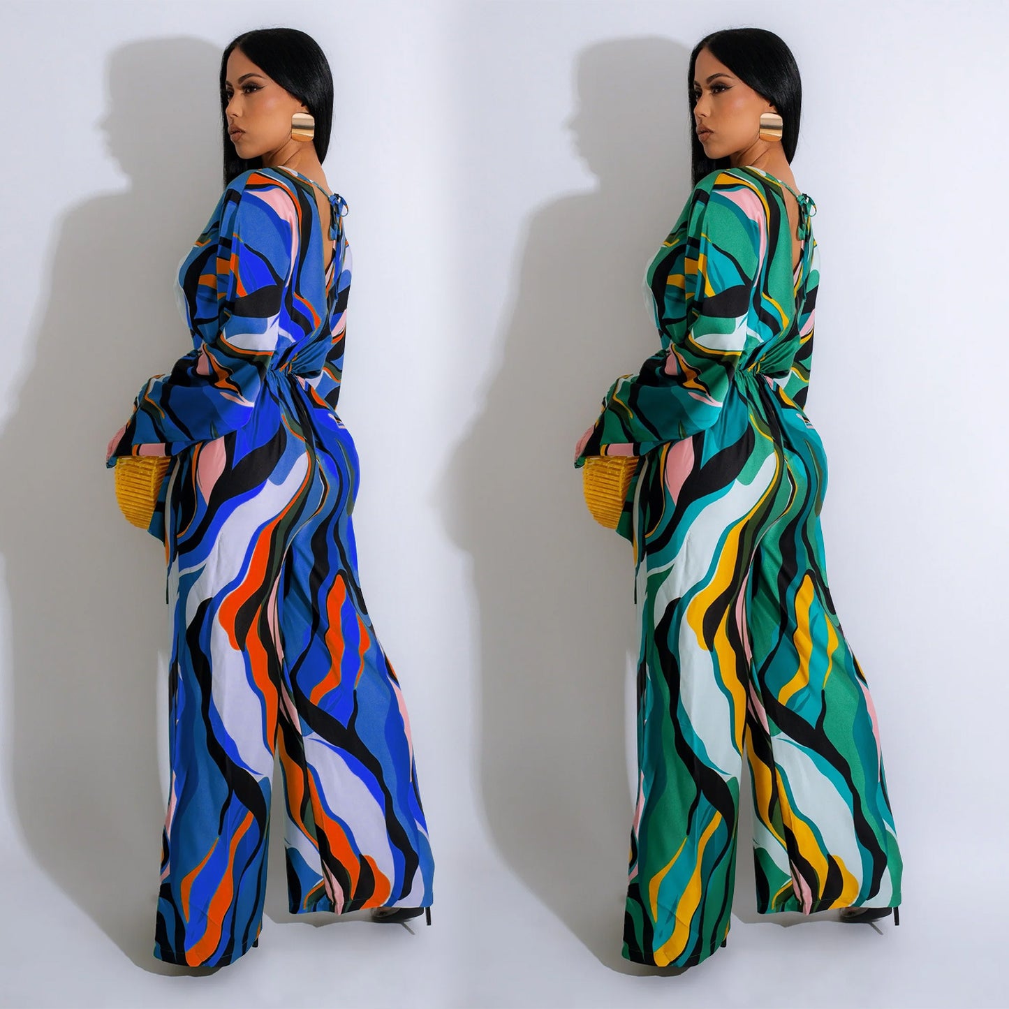 LADIES PRINTED LONG SLEEVE JUMPSUIT BLUE / GREEN (SIZE S - 2XL)