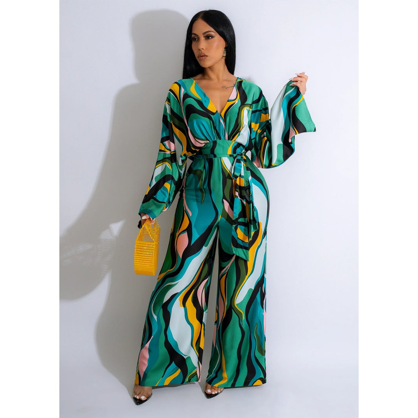 LADIES PRINTED LONG SLEEVE JUMPSUIT BLUE / GREEN (SIZE S - 2XL)