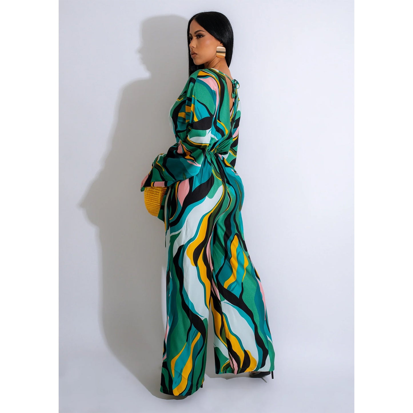 LADIES PRINTED LONG SLEEVE JUMPSUIT BLUE / GREEN (SIZE S - 2XL)