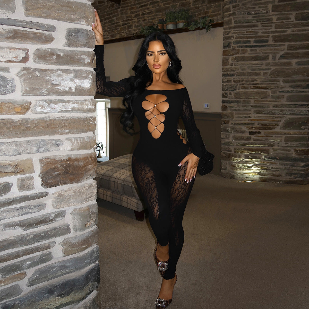 LADIES OFF THE SHOULDER LONG SLEEVE JUMPSUIT BLACK (SIZE S - L)