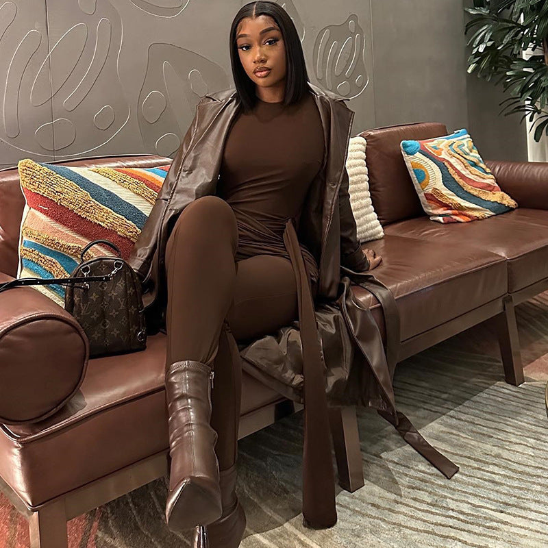 LADIES LONG SLEEVE JUMPSUIT DARK BROWN / BLACK (SIZE S - L)