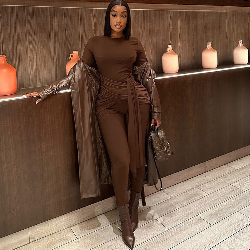LADIES LONG SLEEVE JUMPSUIT DARK BROWN / BLACK (SIZE S - L)