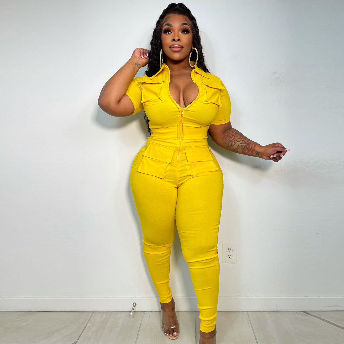 LADIES PLUS SIZE SHORT SLEEVE JUMPSUIT YELLOW / PINK / GREEN (SIZE XL - 5XL)
