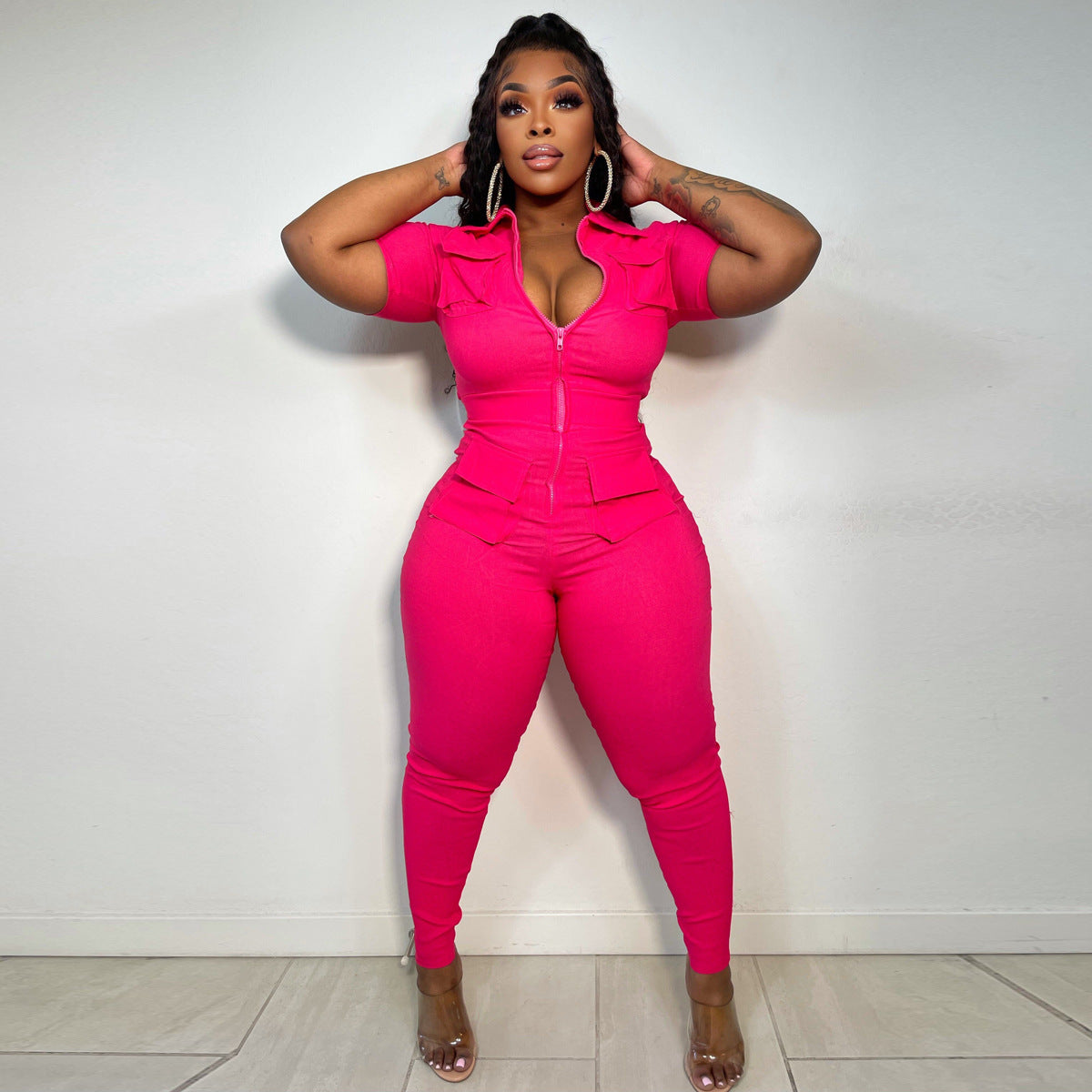 LADIES PLUS SIZE SHORT SLEEVE JUMPSUIT YELLOW / PINK / GREEN (SIZE XL - 5XL)