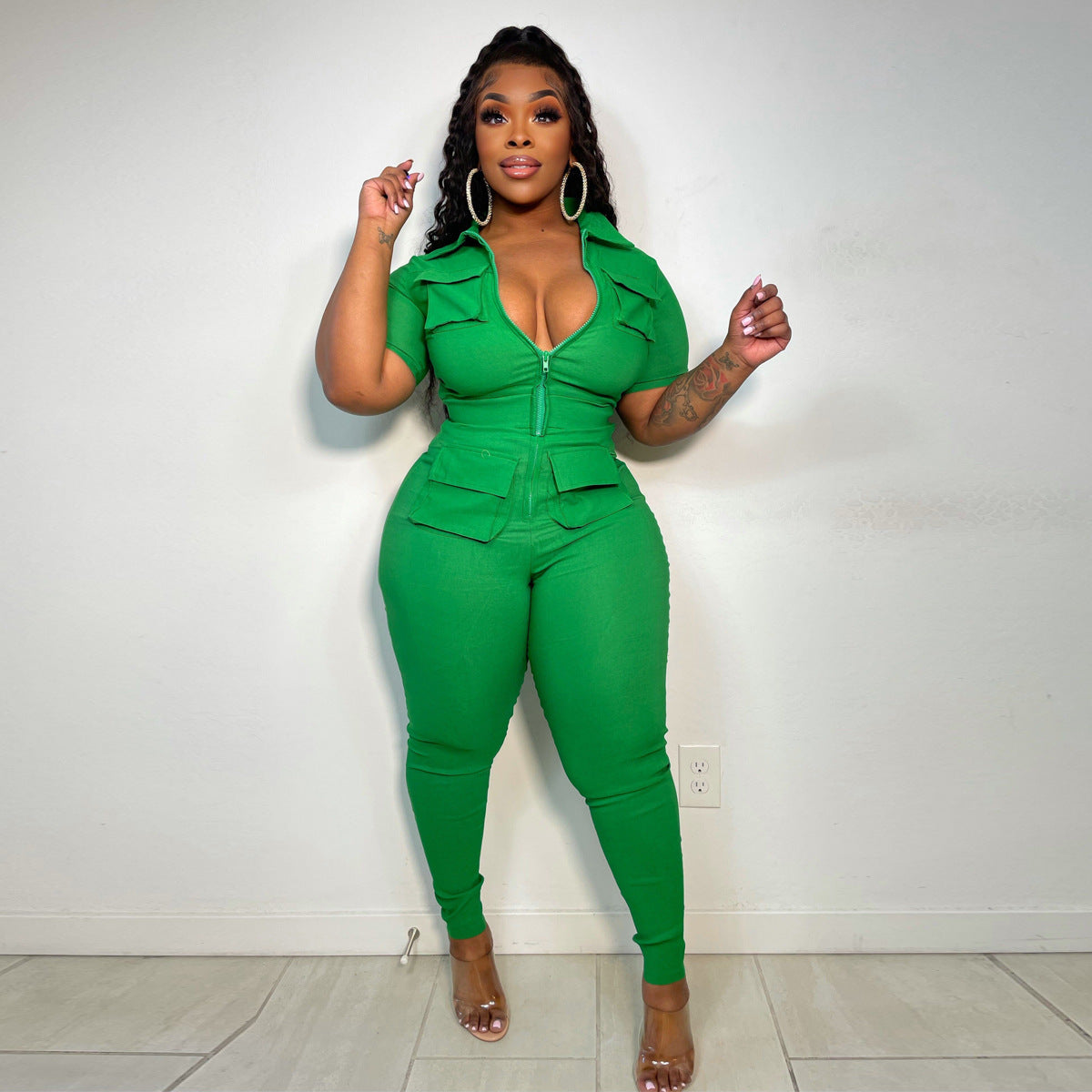 LADIES PLUS SIZE SHORT SLEEVE JUMPSUIT YELLOW / PINK / GREEN (SIZE XL - 5XL)