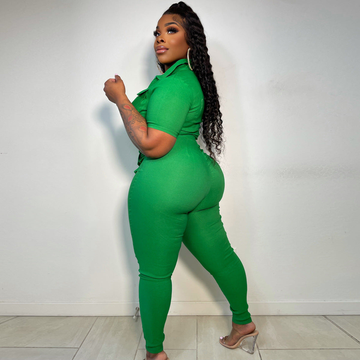 LADIES PLUS SIZE SHORT SLEEVE JUMPSUIT YELLOW / PINK / GREEN (SIZE XL - 5XL)