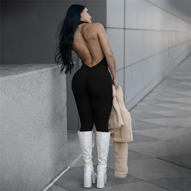 LADIES HALTERNECK JUMPSUIT BLACK / BROWN (SIZE S - L)