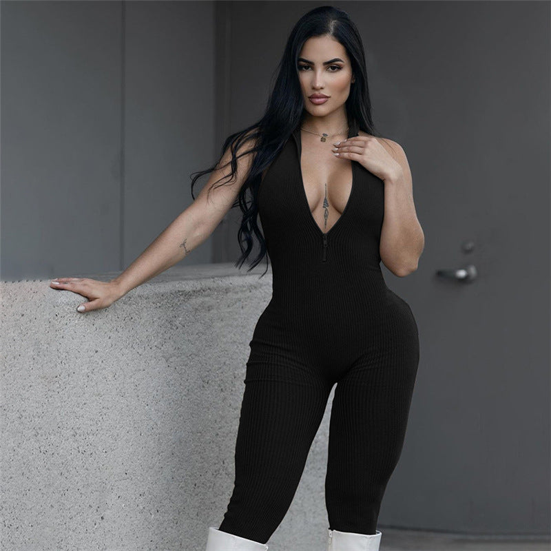 LADIES HALTERNECK JUMPSUIT BLACK / BROWN (SIZE S - L)