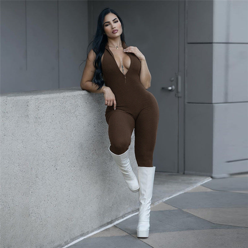 LADIES HALTERNECK JUMPSUIT BLACK / BROWN (SIZE S - L)