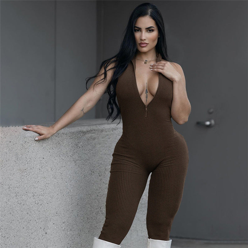 LADIES HALTERNECK JUMPSUIT BLACK / BROWN (SIZE S - L)