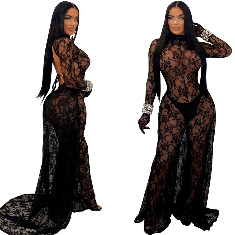 LADIES SEE THROUGH LACE LOW BACK JUMPSUIT BLACK / RED / WHITE (SIZE S - 2XL)
