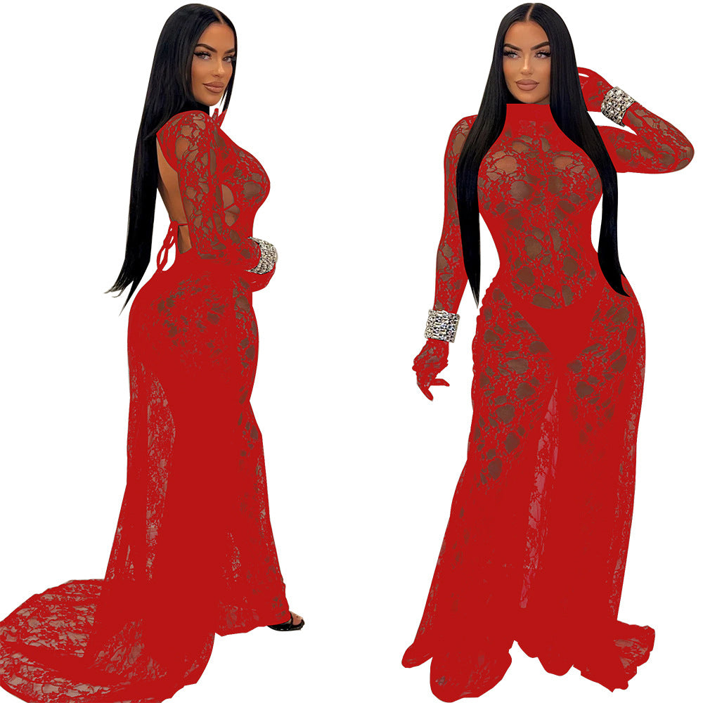 LADIES SEE THROUGH LACE LOW BACK JUMPSUIT BLACK / RED / WHITE (SIZE S - 2XL)