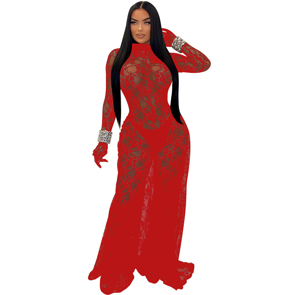 LADIES SEE THROUGH LACE LOW BACK JUMPSUIT BLACK / RED / WHITE (SIZE S - 2XL)