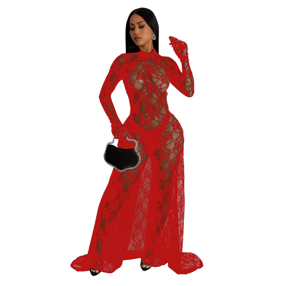 LADIES SEE THROUGH LACE LOW BACK JUMPSUIT BLACK / RED / WHITE (SIZE S - 2XL)