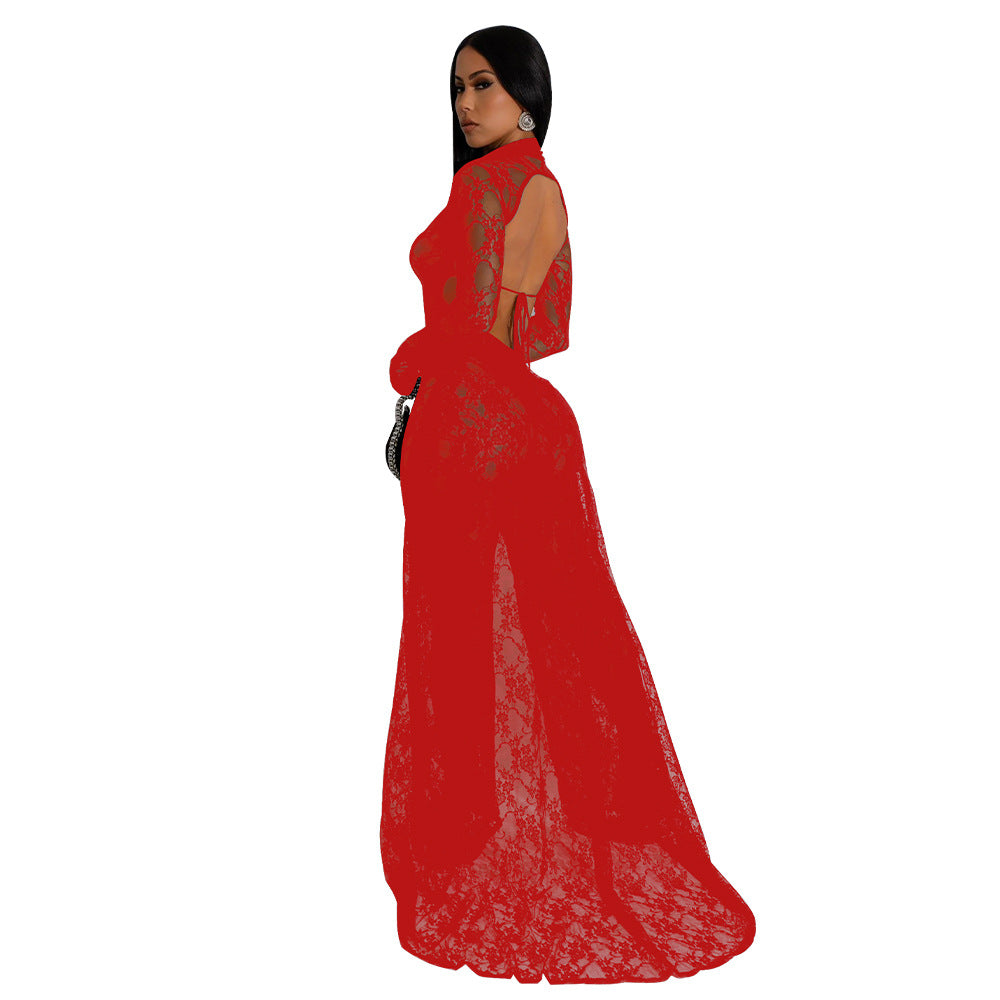 LADIES SEE THROUGH LACE LOW BACK JUMPSUIT BLACK / RED / WHITE (SIZE S - 2XL)