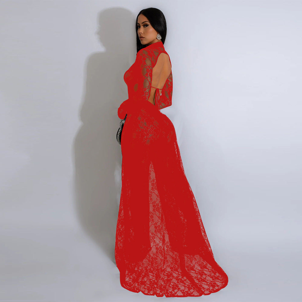 LADIES SEE THROUGH LACE LOW BACK JUMPSUIT BLACK / RED / WHITE (SIZE S - 2XL)