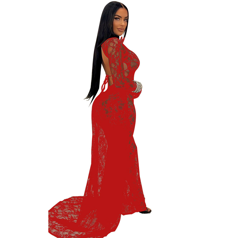 LADIES SEE THROUGH LACE LOW BACK JUMPSUIT BLACK / RED / WHITE (SIZE S - 2XL)