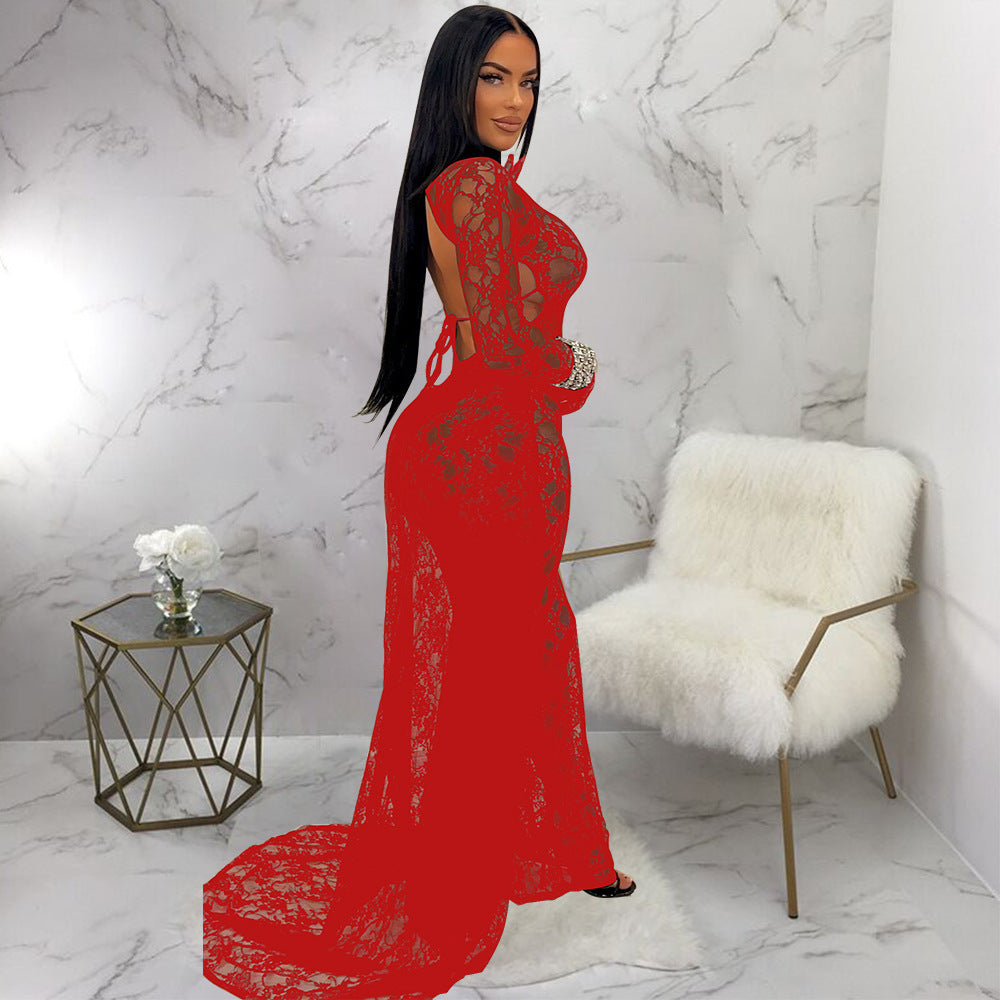 LADIES SEE THROUGH LACE LOW BACK JUMPSUIT BLACK / RED / WHITE (SIZE S - 2XL)