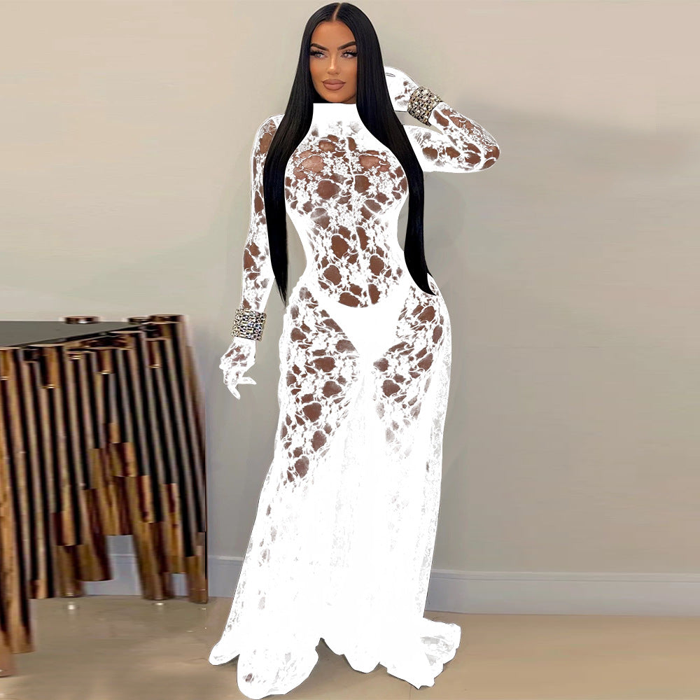 LADIES SEE THROUGH LACE LOW BACK JUMPSUIT BLACK / RED / WHITE (SIZE S - 2XL)