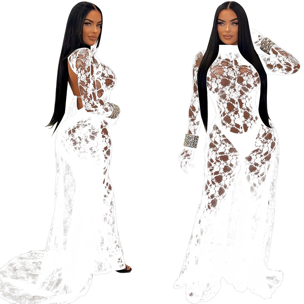 LADIES SEE THROUGH LACE LOW BACK JUMPSUIT BLACK / RED / WHITE (SIZE S - 2XL)