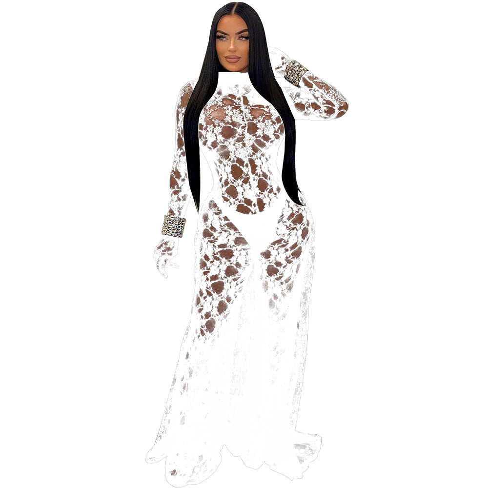 LADIES SEE THROUGH LACE LOW BACK JUMPSUIT BLACK / RED / WHITE (SIZE S - 2XL)