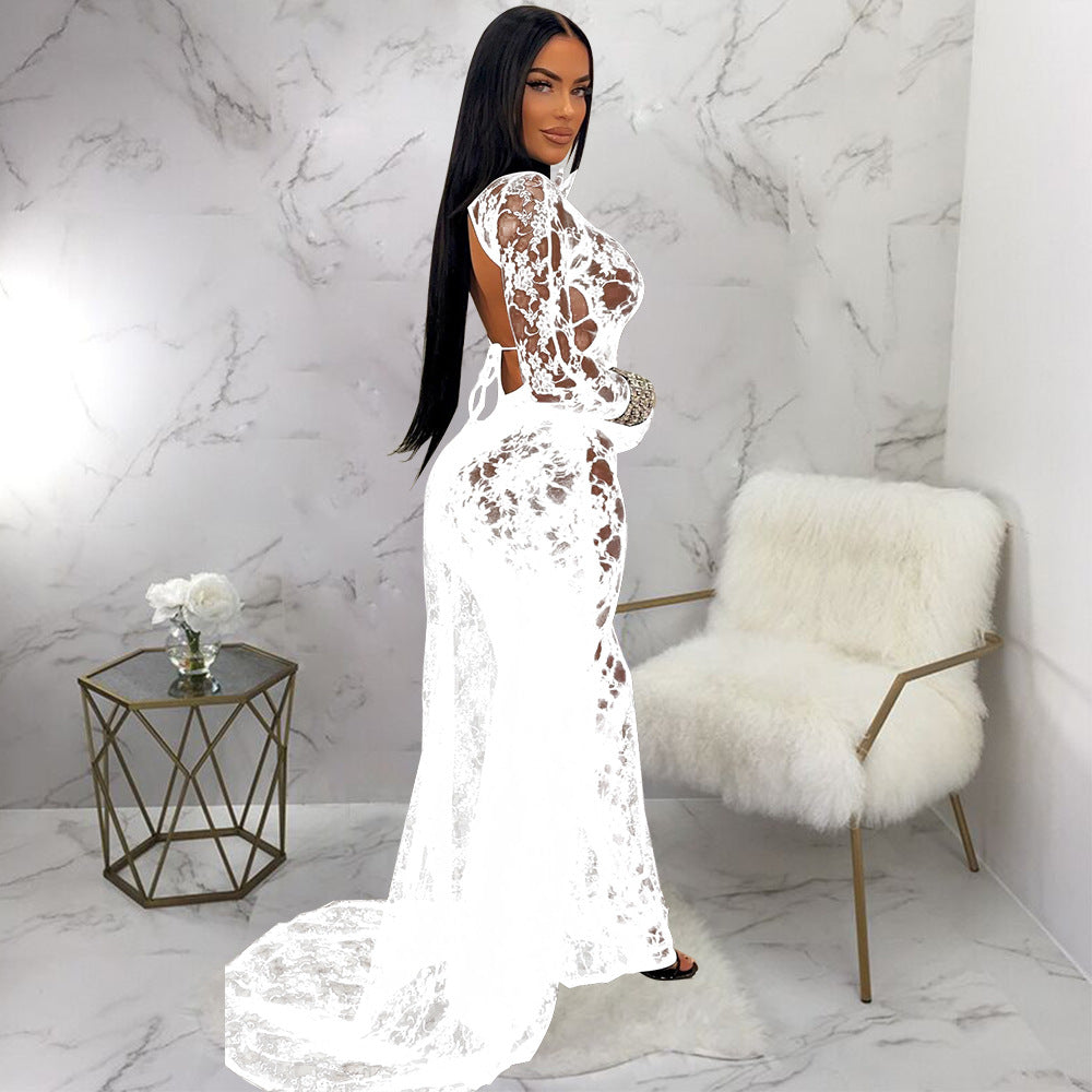 LADIES SEE THROUGH LACE LOW BACK JUMPSUIT BLACK / RED / WHITE (SIZE S - 2XL)
