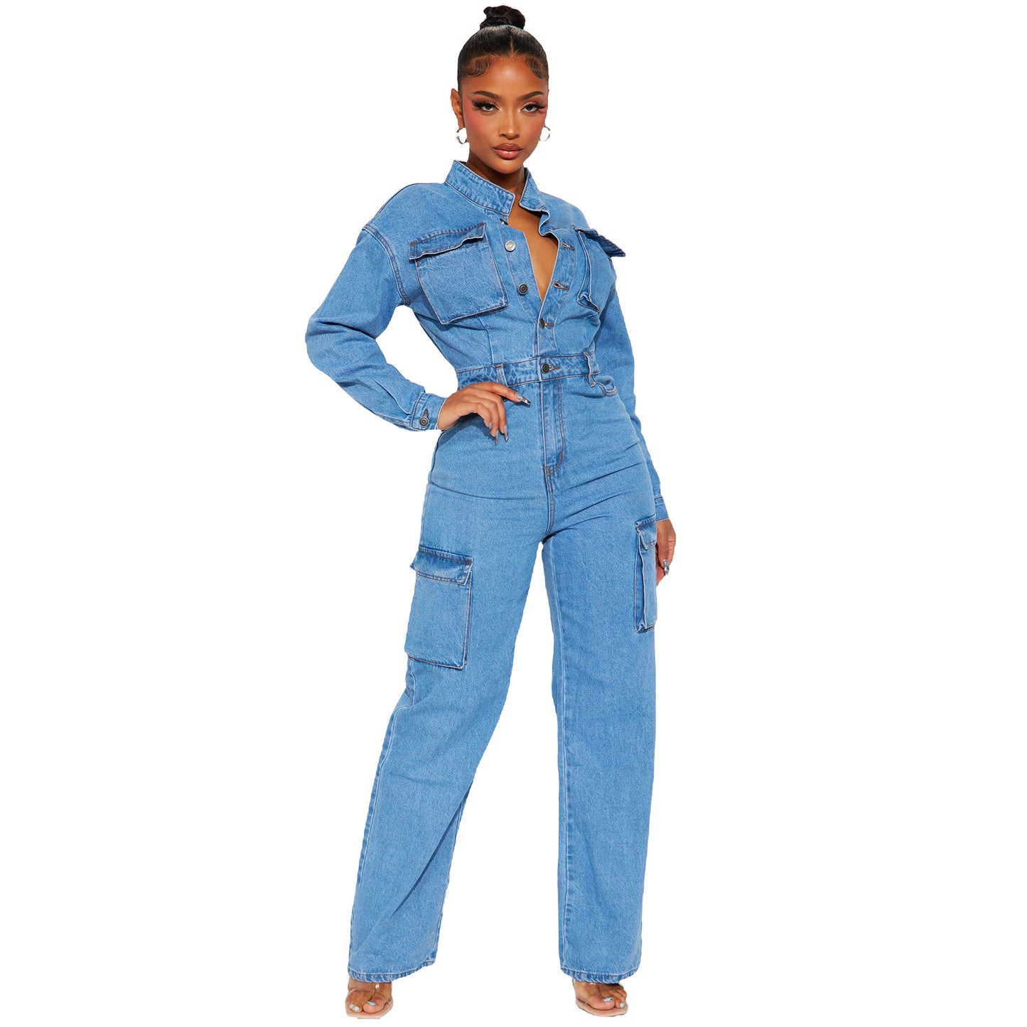 LADIES LONG SLEEVE CARGO JUMPSUIT BLUE DENIM (SIZE S - 2XL)