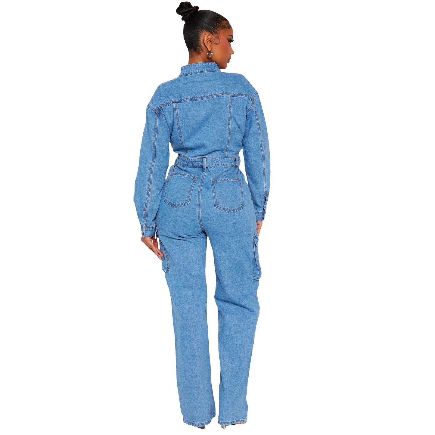 LADIES LONG SLEEVE CARGO JUMPSUIT BLUE DENIM (SIZE S - 2XL)