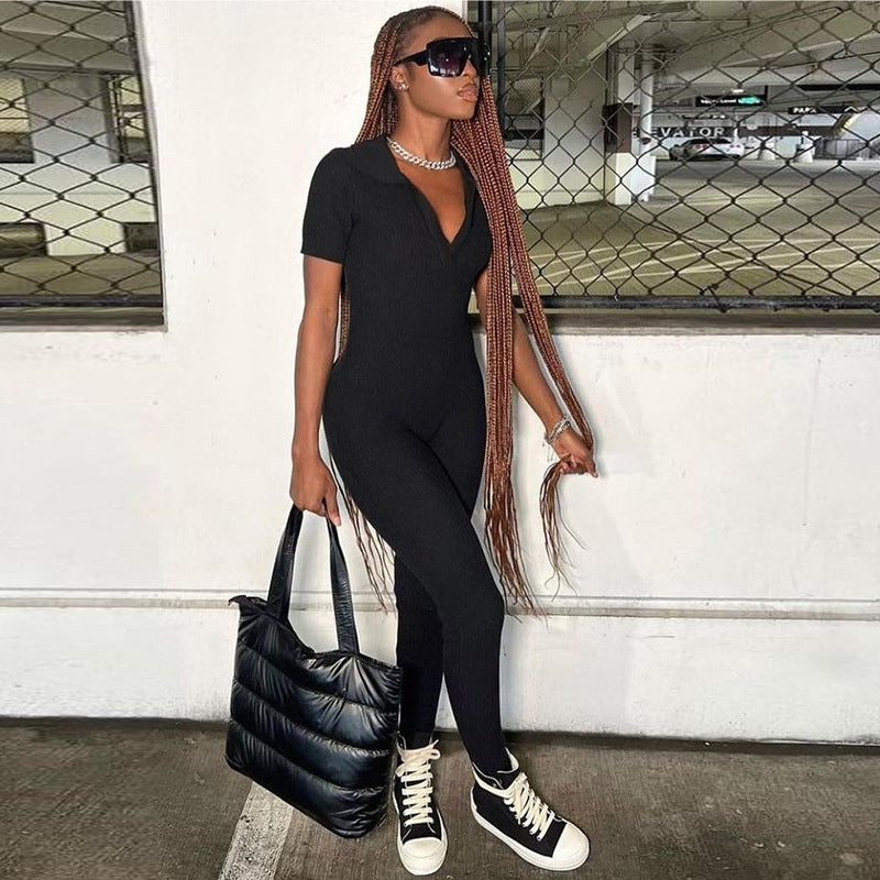 LADIES SHORT SLEEVE JUMPSUIT BLACK / GRAY (SIZE S - L)