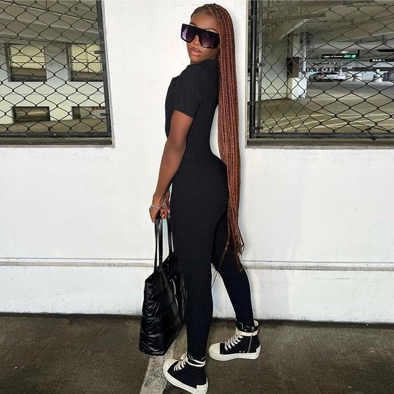 LADIES SHORT SLEEVE JUMPSUIT BLACK / GRAY (SIZE S - L)