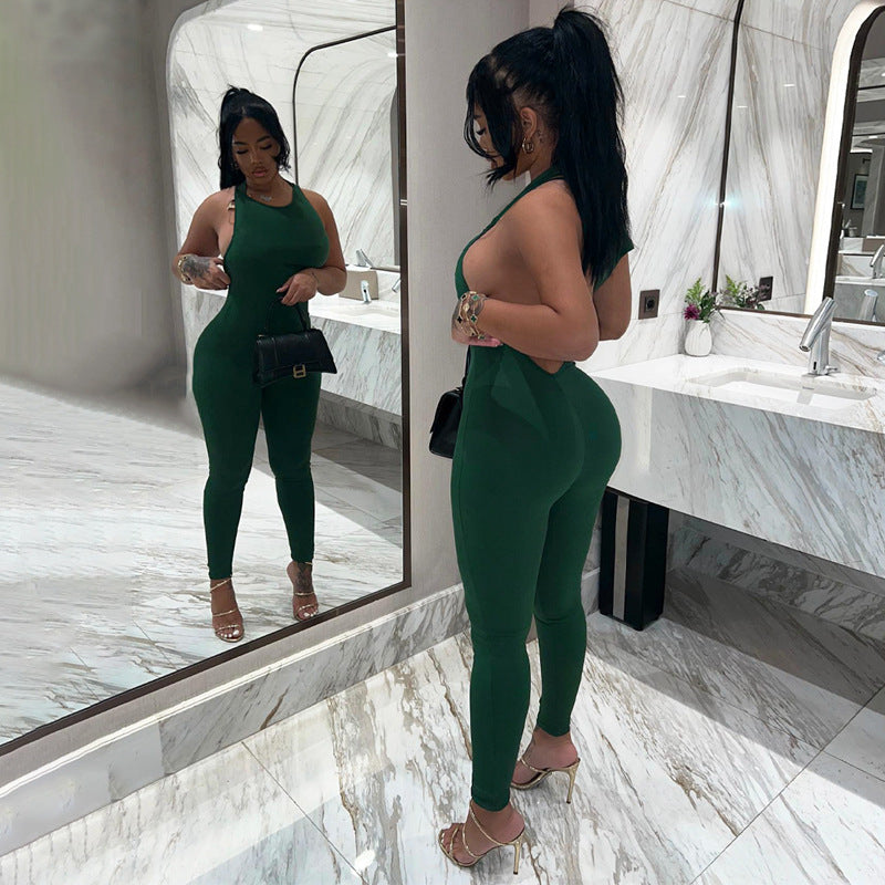 LADIES SLEEVELESS LOW BACK JUMPSUIT RED / GREEN (SIZE S - L)