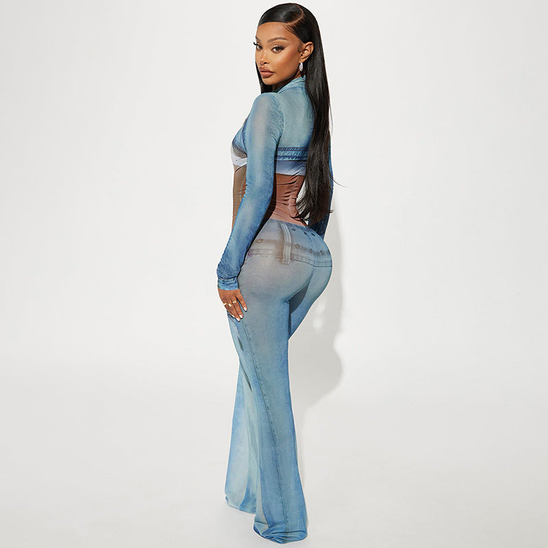LADIES LONG SLEEVE PRINTED JUMPSUIT BLUE (SIZE S - L)