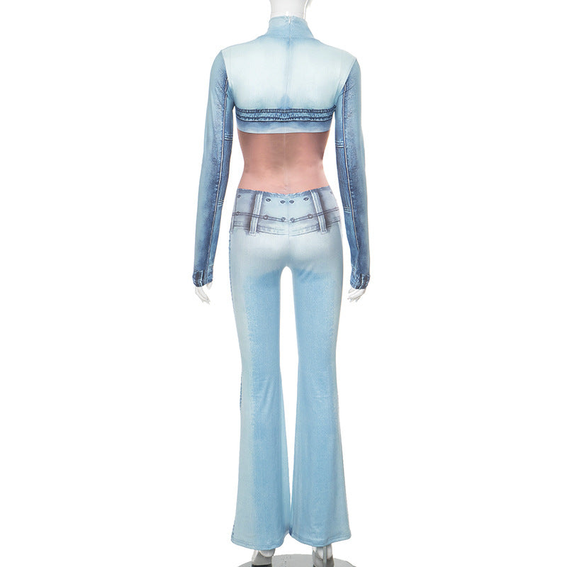 LADIES LONG SLEEVE PRINTED JUMPSUIT BLUE (SIZE S - L)