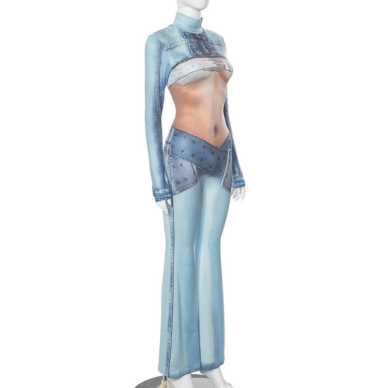 LADIES LONG SLEEVE PRINTED JUMPSUIT BLUE (SIZE S - L)
