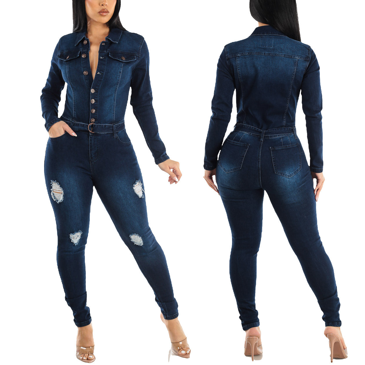 LADIES LONG SLEEVE DENIM JUMPSUIT BLUE DENIM (SIZE S - 2XL)