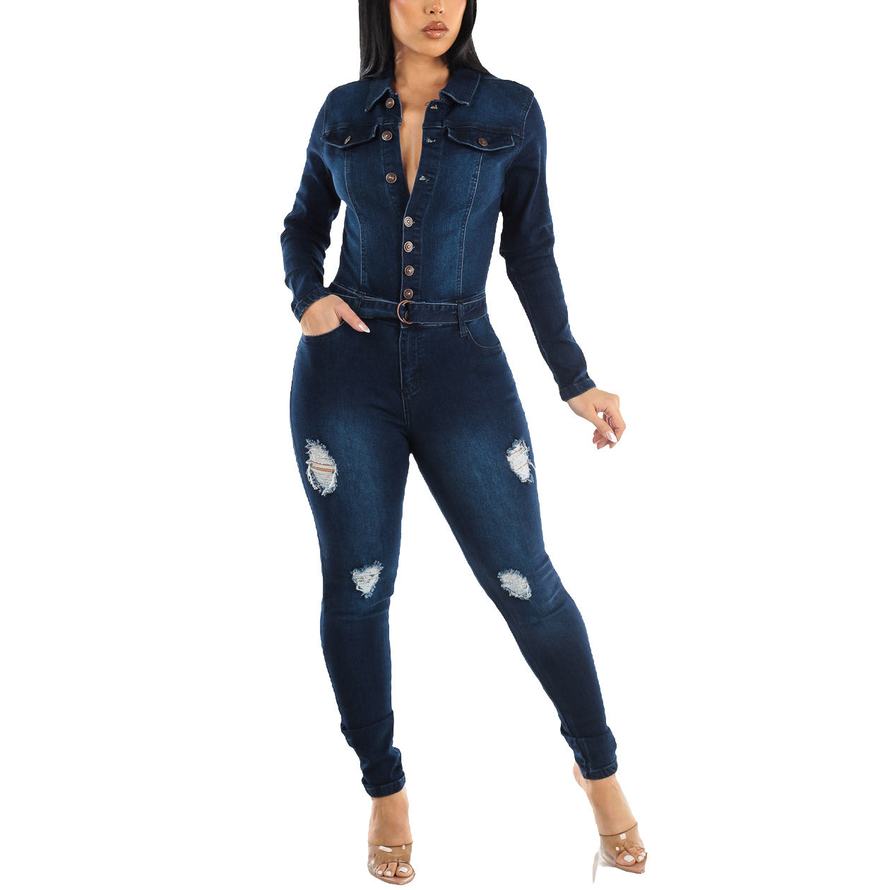LADIES LONG SLEEVE DENIM JUMPSUIT BLUE DENIM (SIZE S - 2XL)