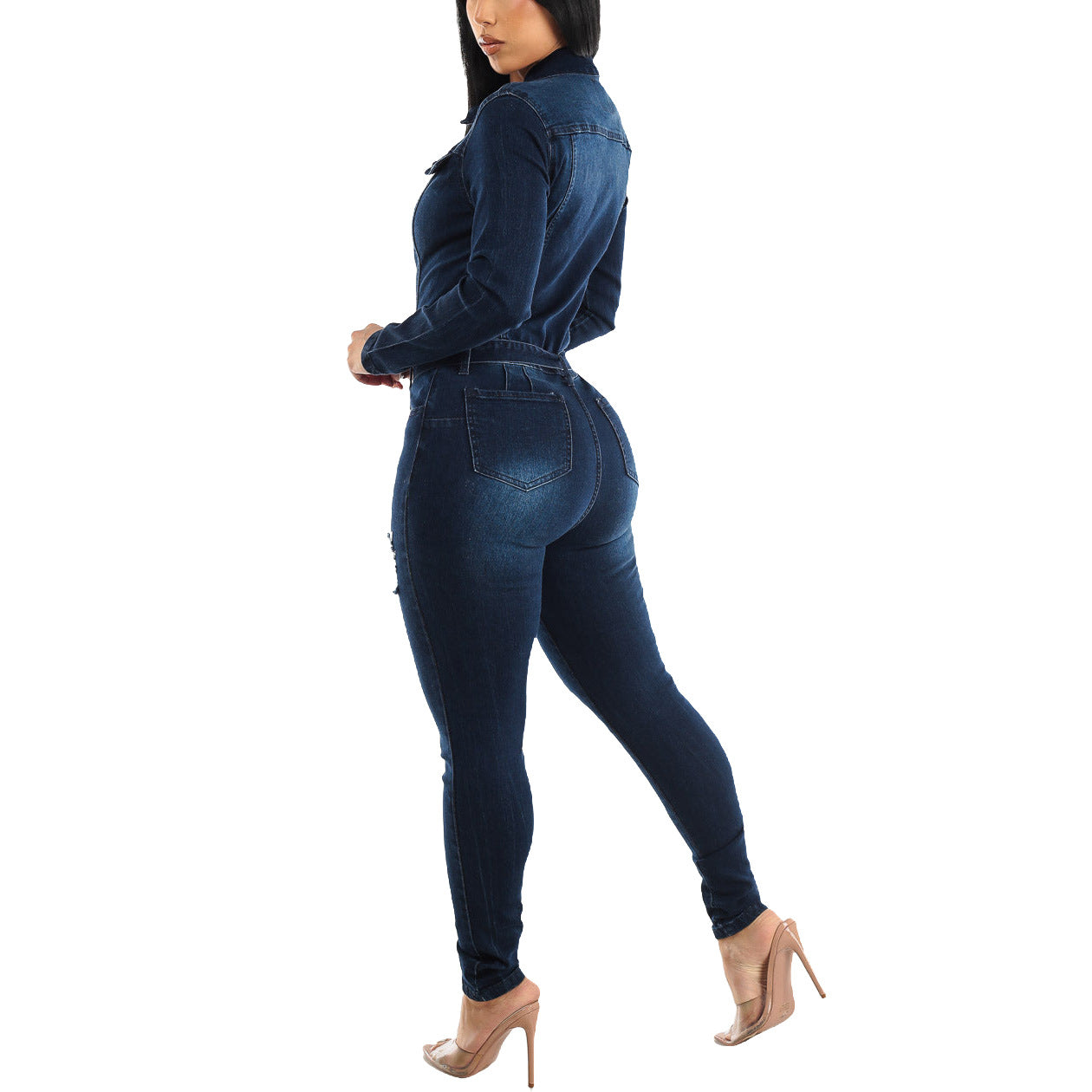 LADIES LONG SLEEVE DENIM JUMPSUIT BLUE DENIM (SIZE S - 2XL)