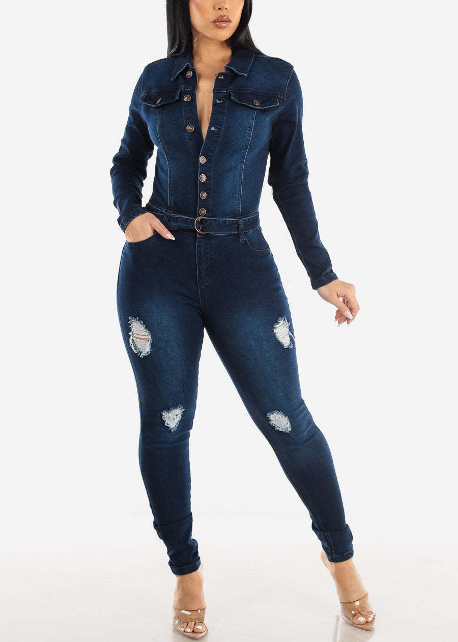 LADIES LONG SLEEVE DENIM JUMPSUIT BLUE DENIM (SIZE S - 2XL)