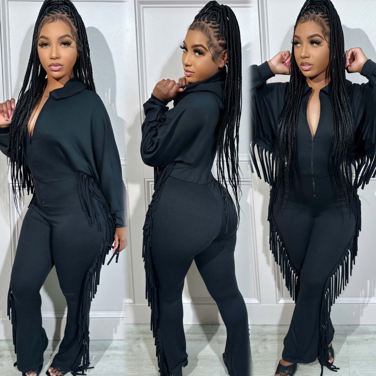 LADIES TASSEL JUMPSUIT WITH HOOD BLACK / KHAKI (SIZE S - 2XL)
