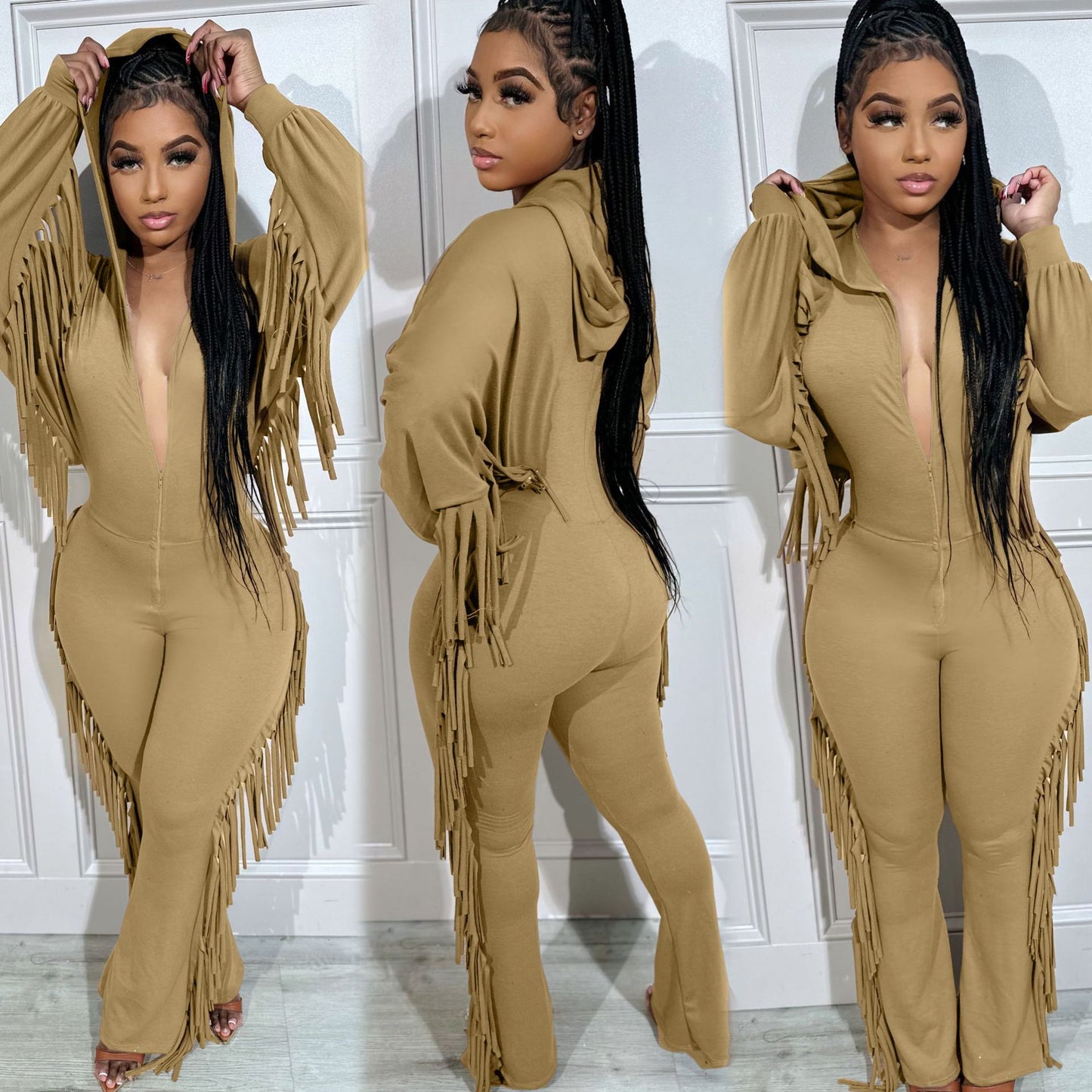 LADIES TASSEL JUMPSUIT WITH HOOD BLACK / KHAKI (SIZE S - 2XL)