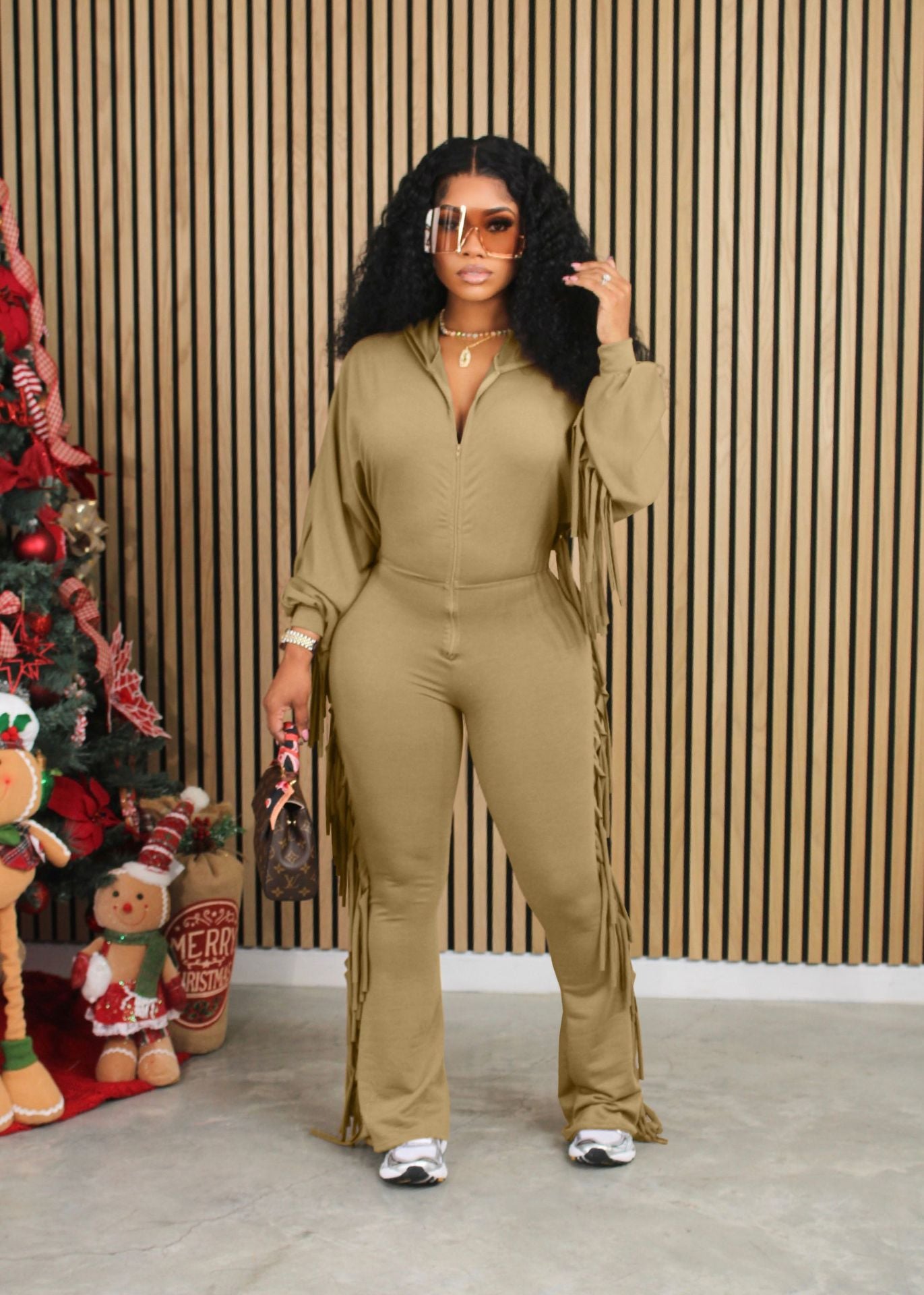 LADIES TASSEL JUMPSUIT WITH HOOD BLACK / KHAKI (SIZE S - 2XL)