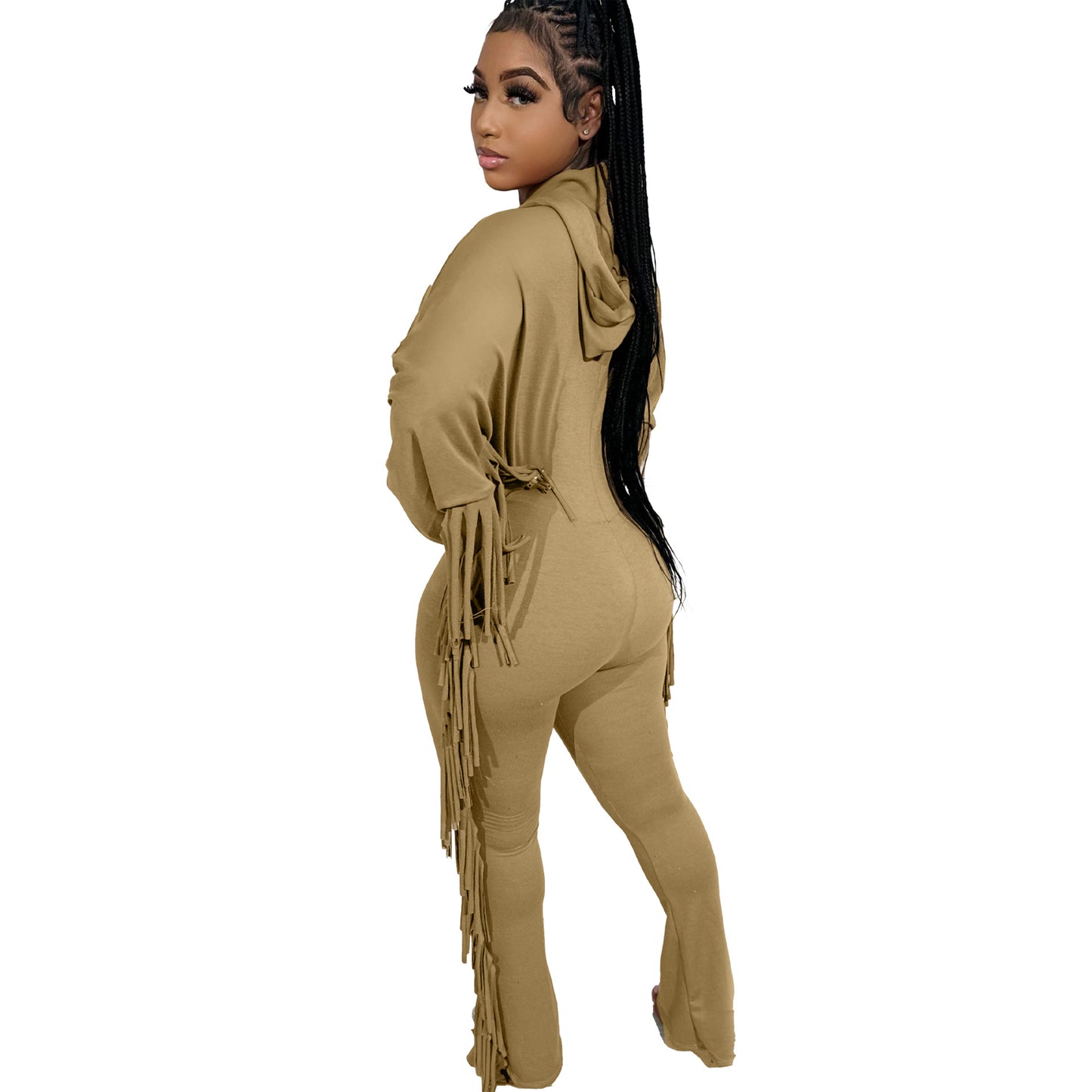 LADIES TASSEL JUMPSUIT WITH HOOD BLACK / KHAKI (SIZE S - 2XL)
