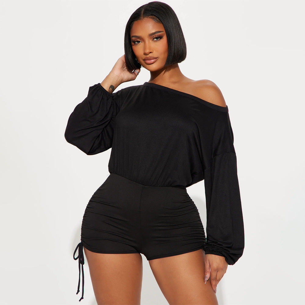 LADIES OFF THE SHOULDER LONG SLEEVE ROMPER / PLAYSUIT BLUE / BLACK (SIZE S - 2XL)
