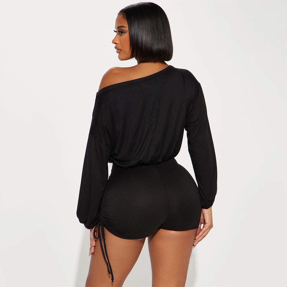 LADIES OFF THE SHOULDER LONG SLEEVE ROMPER / PLAYSUIT BLUE / BLACK (SIZE S - 2XL)