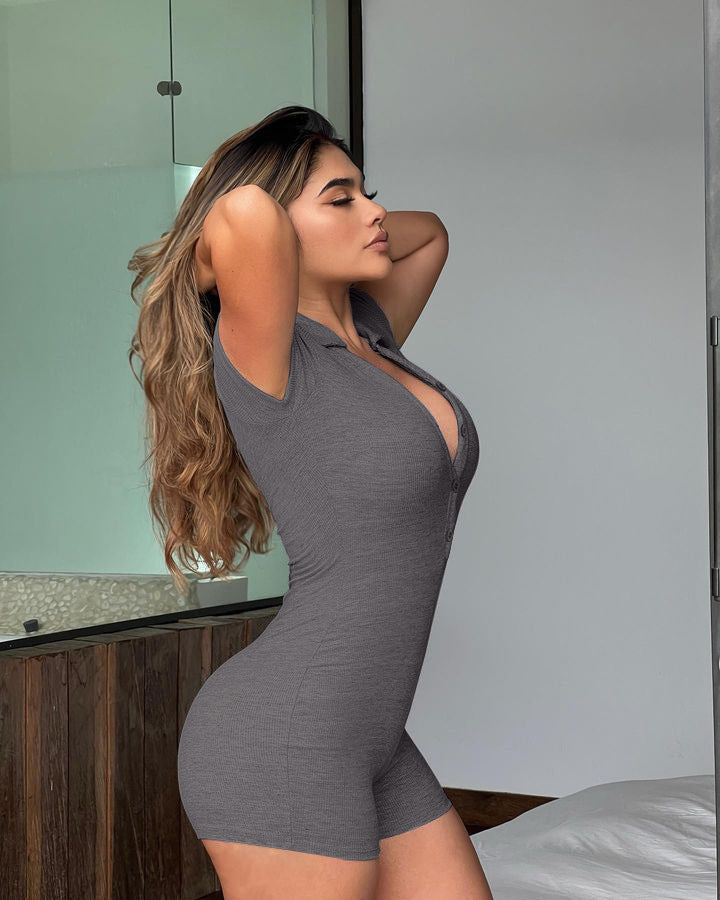 LADIES SHORT SLEEVE ROMPER PLAYSUIT BLACK / GRAY / BLUE / WINE RED (SIZE S - L)