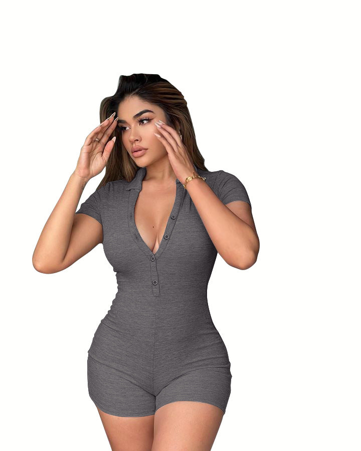 LADIES SHORT SLEEVE ROMPER PLAYSUIT BLACK / GRAY / BLUE / WINE RED (SIZE S - L)