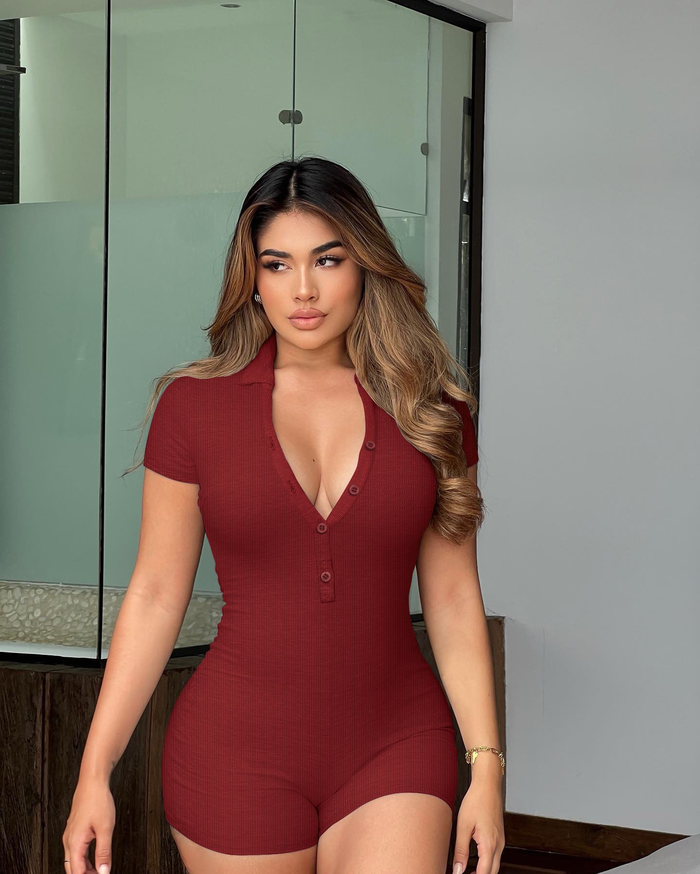 LADIES SHORT SLEEVE ROMPER PLAYSUIT BLACK / GRAY / BLUE / WINE RED (SIZE S - L)