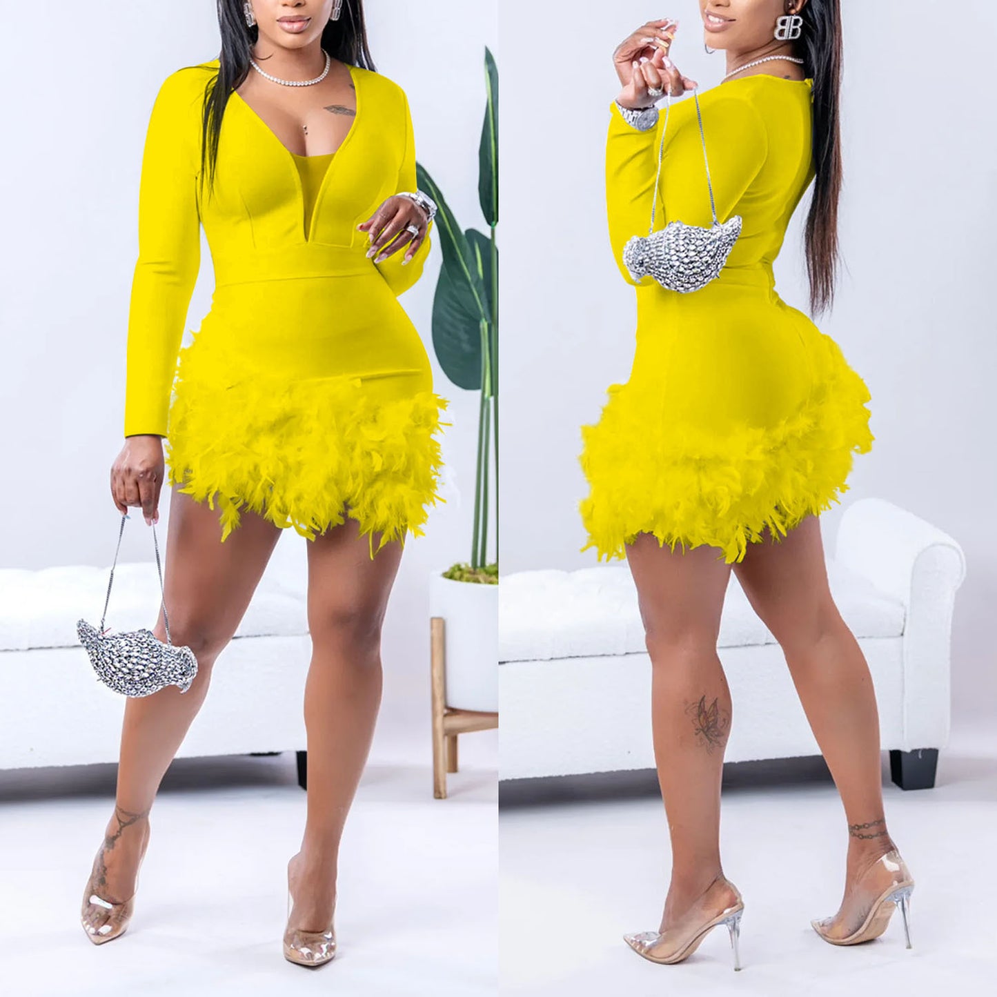 LADIES LONG SLEEVE ROMPER / PLAYSUIT / JUMPSUIT WITH FEATHER DETAIL BLACK / RED / YELLOW / WHITE (SIZE S - 2XL)